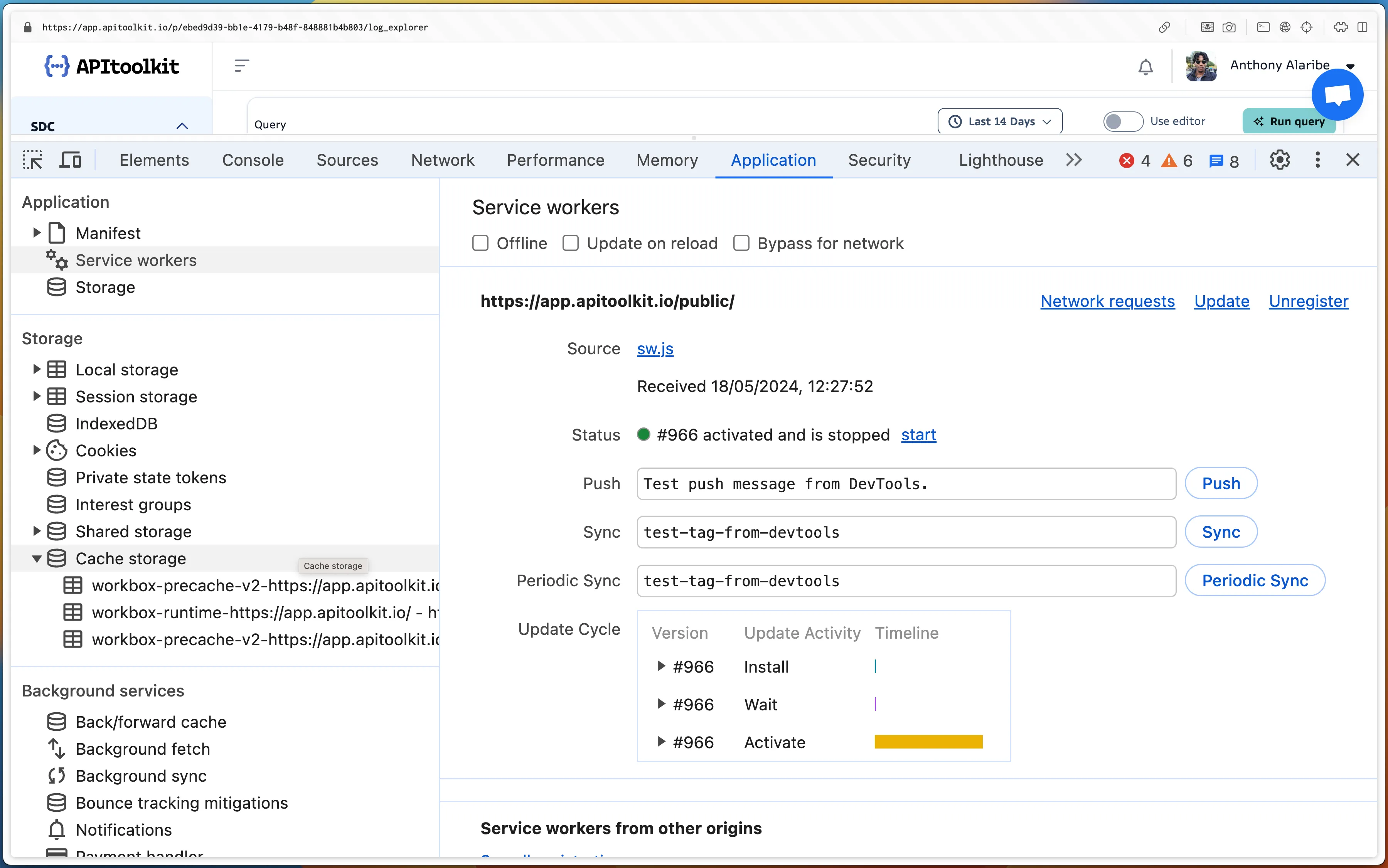 Registered service worker in Chrome browser console