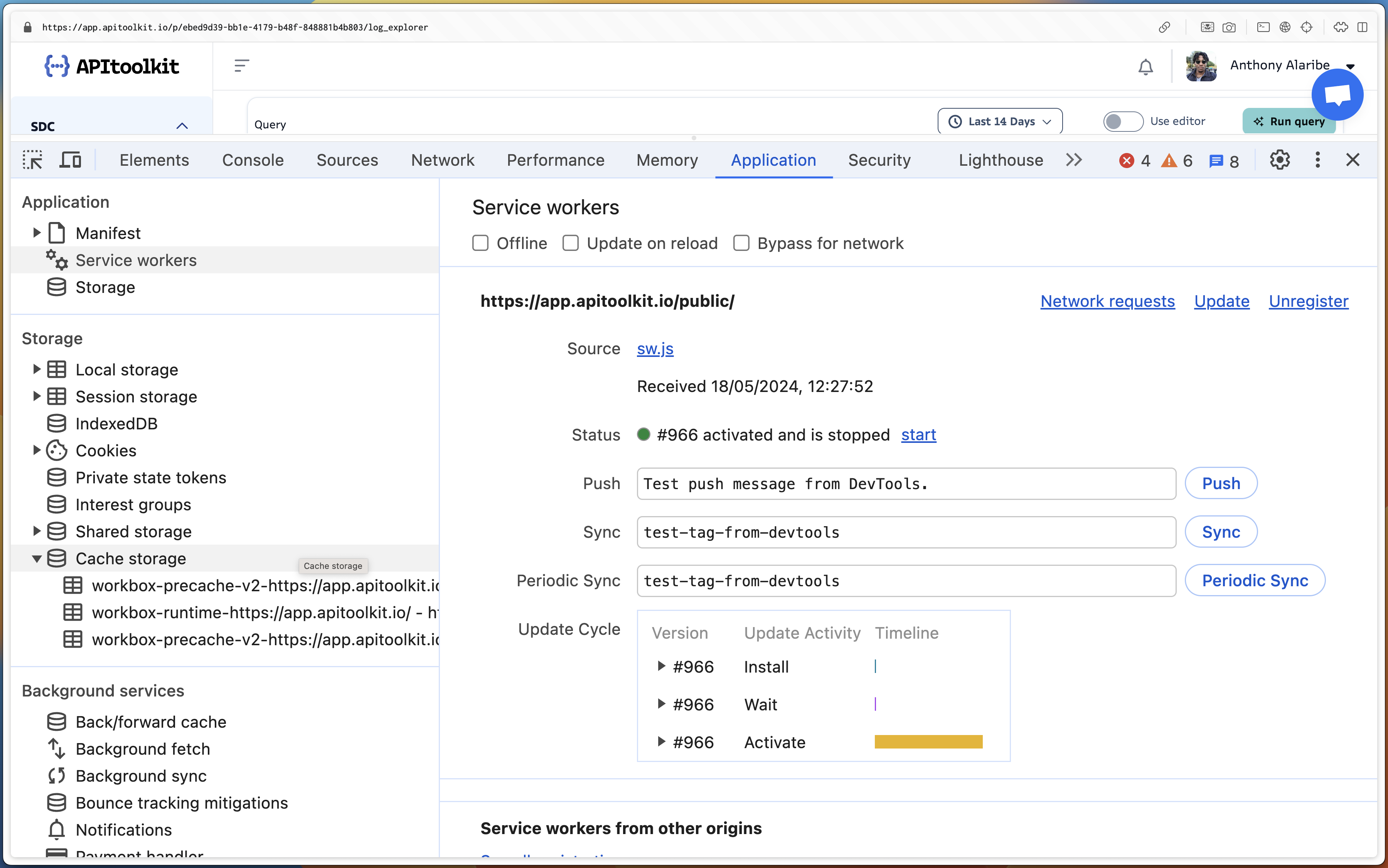 Image showing the registered service worker from the Chrome browser console.